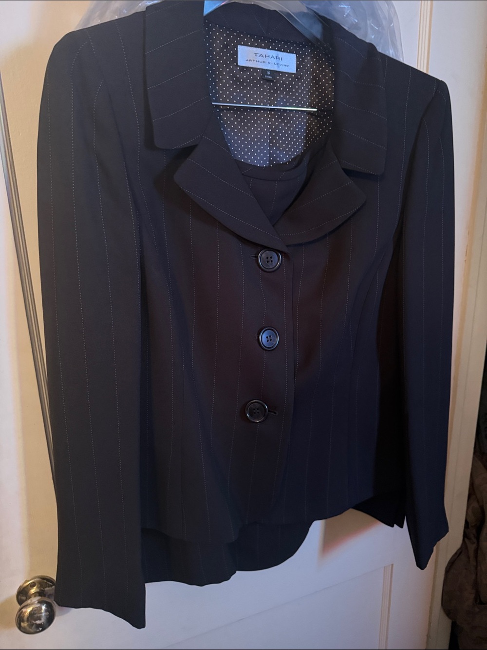 Tahari chocolate brown Pinstripe Women's suit with mini skirt